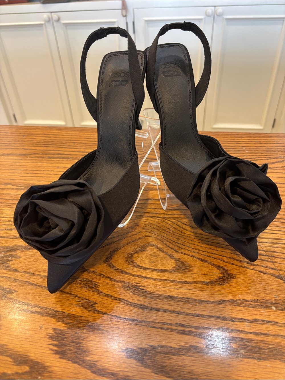 ASOS Black Pointed-Toe Slingback Heels with Fabric Rose NWOT
